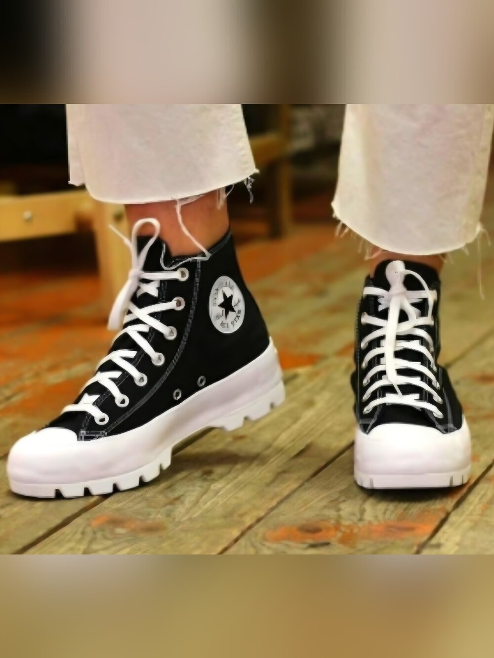 Women Unisex Classic Black/White High-Top Canvas Sneakers with White Lug Sole